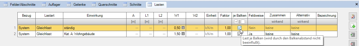 Flächenlast definieren über die Option "je Balken"